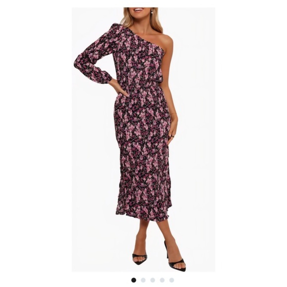 Petal + Pup Womens One Shoulder Plissé Floral Midi Dress PinkPurple Black Size S